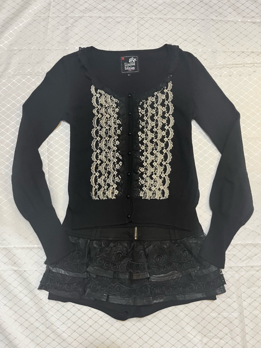 Y2K FOX Black & Gold Floral Frill Ruffle Lace Button Cardigan Limited Edition - Picture 4 of 14